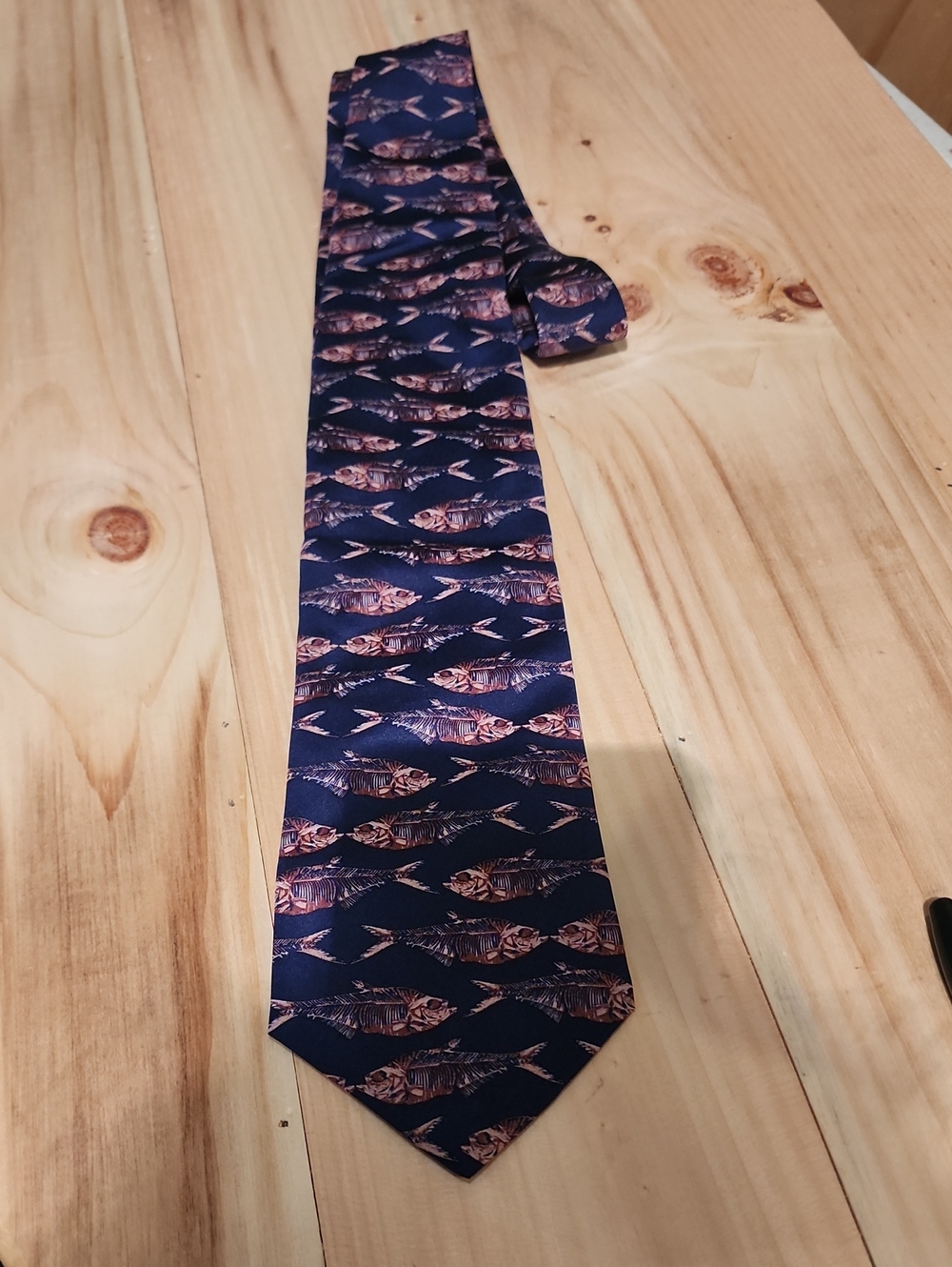 Navy Silk Tie with Copper Fish Motif